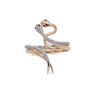 Twisted Elegance: 14k Solid White & Rose Gold Diamond Snake Ring with Ruby Eyes